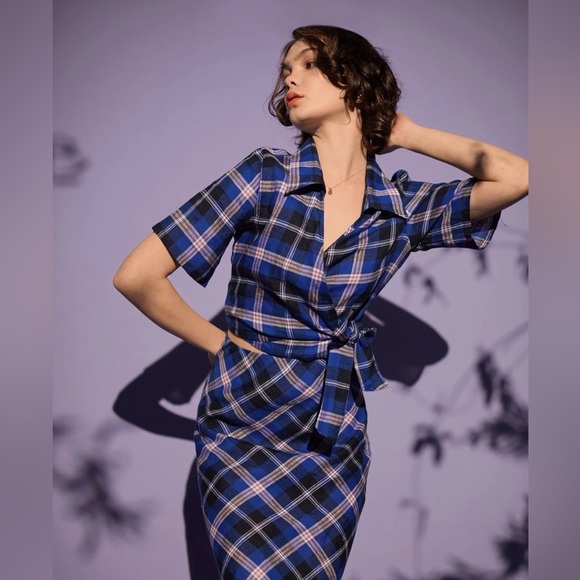 NWT bul BADA TOP BLUE/ PURPLE CHECK size AU 10 natural linen current style US 6 - Picture 1 of 10